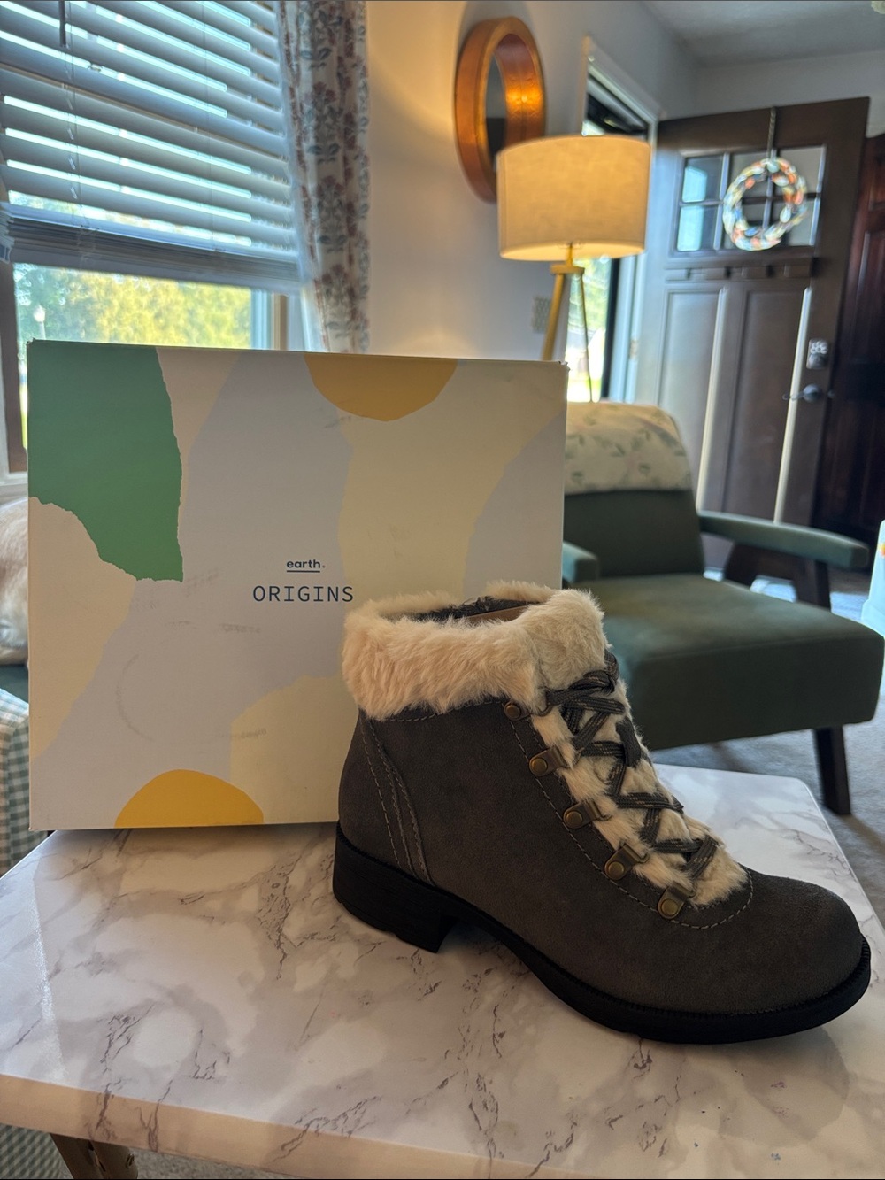 Earth Origins Women's Gray Faux-Fur Lace-Up Ankle Boot